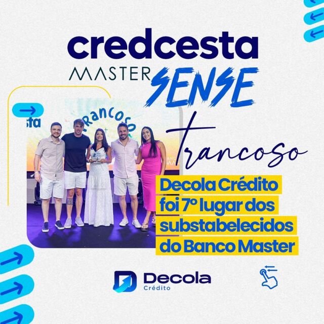 Celebramos a conquista do 7° lugar na Produção Geral dos Subestabelecidos na Campanha Cred Cesta Master Sense Trancoso.

Esta conquista é fruto do comprometimento e dedicação de toda a equipe Decola. Agradecemos a todos os colaboradores que são essenciais para a construção dos nossos resultados.

E ao @bancomasteroficial e a @cedibra pelo apoio e pela parceria sólida que estamos construindo.

Vamos juntos decolar rumo ao sucesso!🚀💙